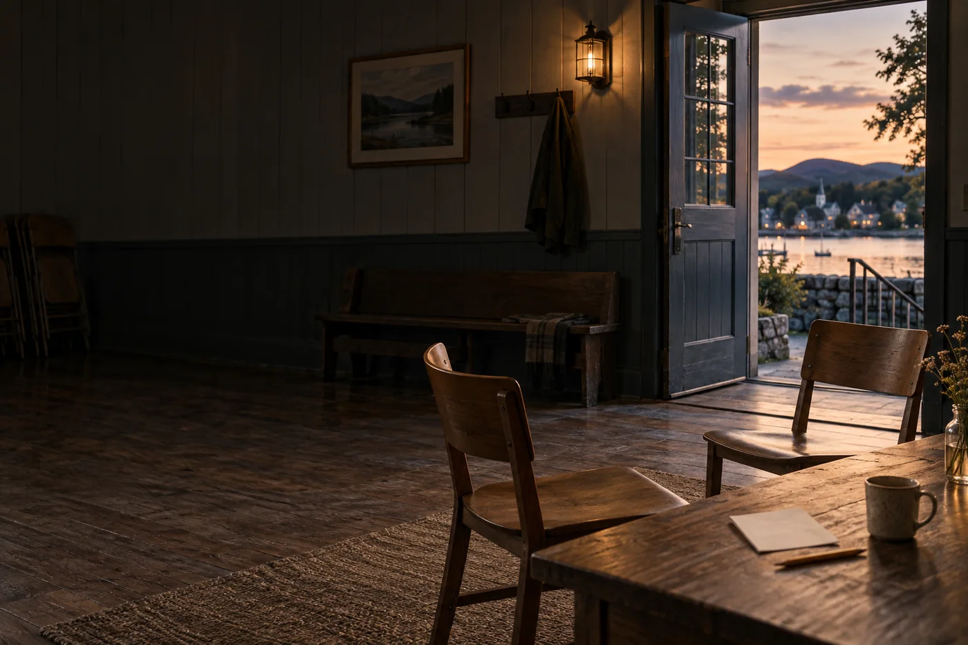 An open room beside a lake at dusk