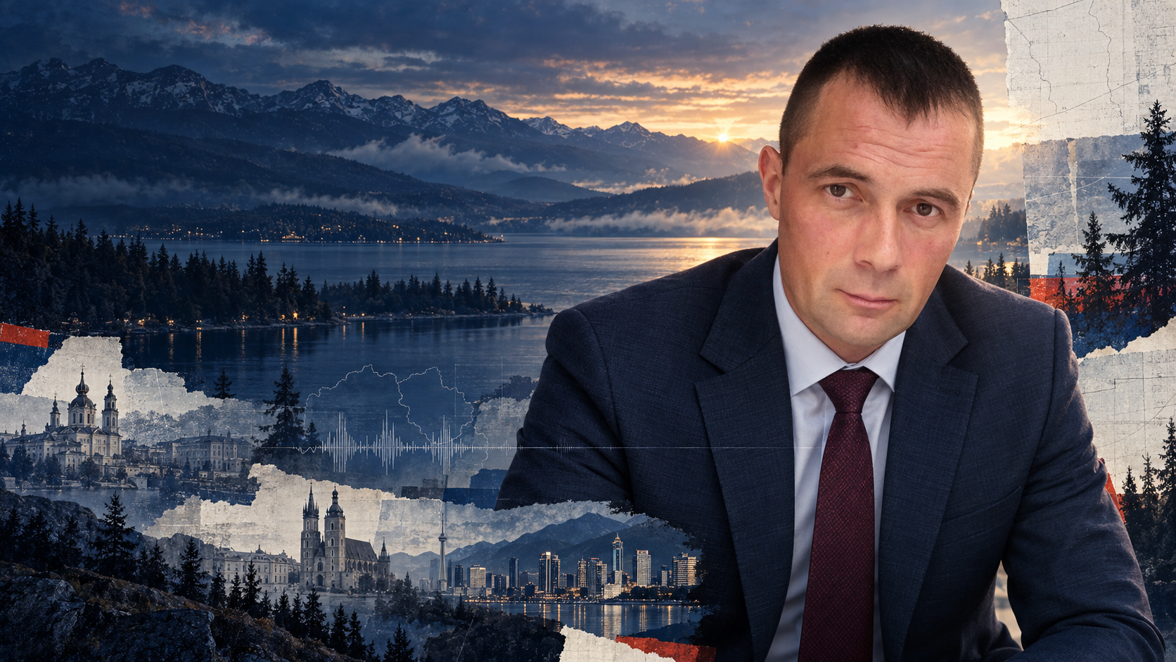 Vasyl Davydenko within an editorial collage of mountains, water and cities