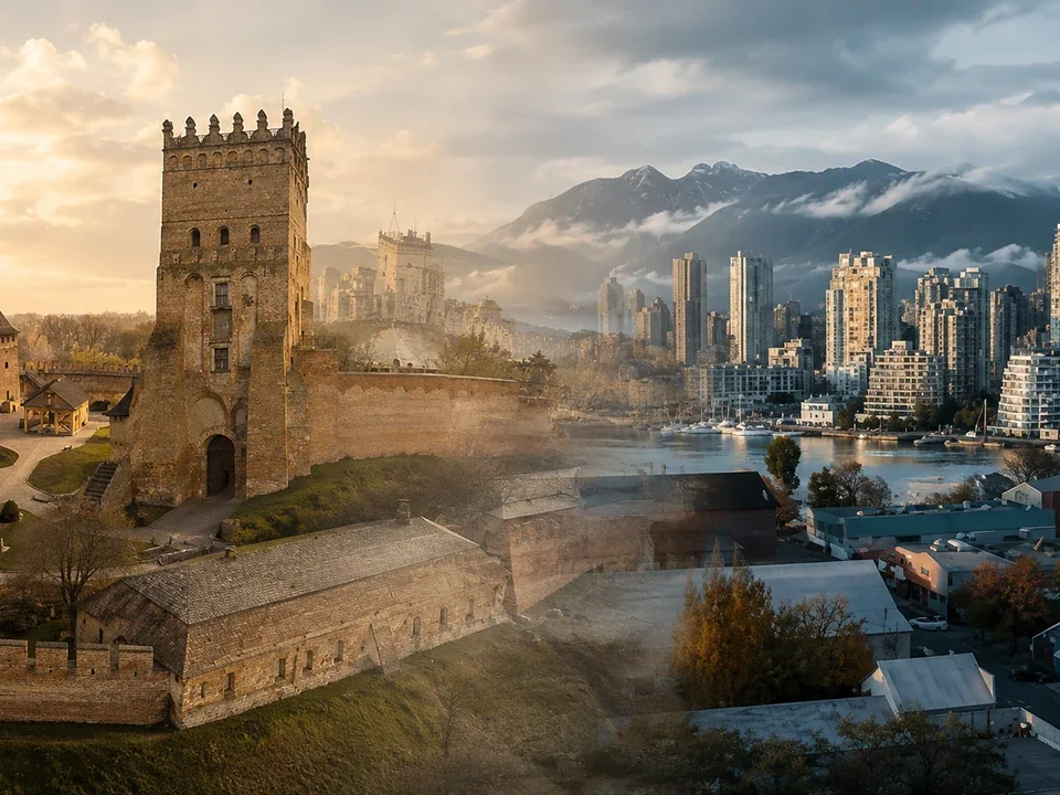 An editorial collage joining European and Canadian shores