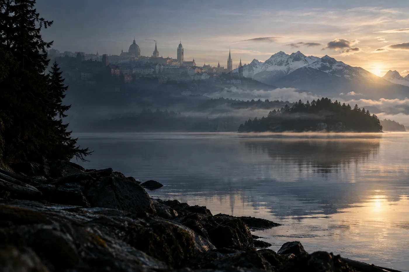 A lake and distant city joined in morning light
